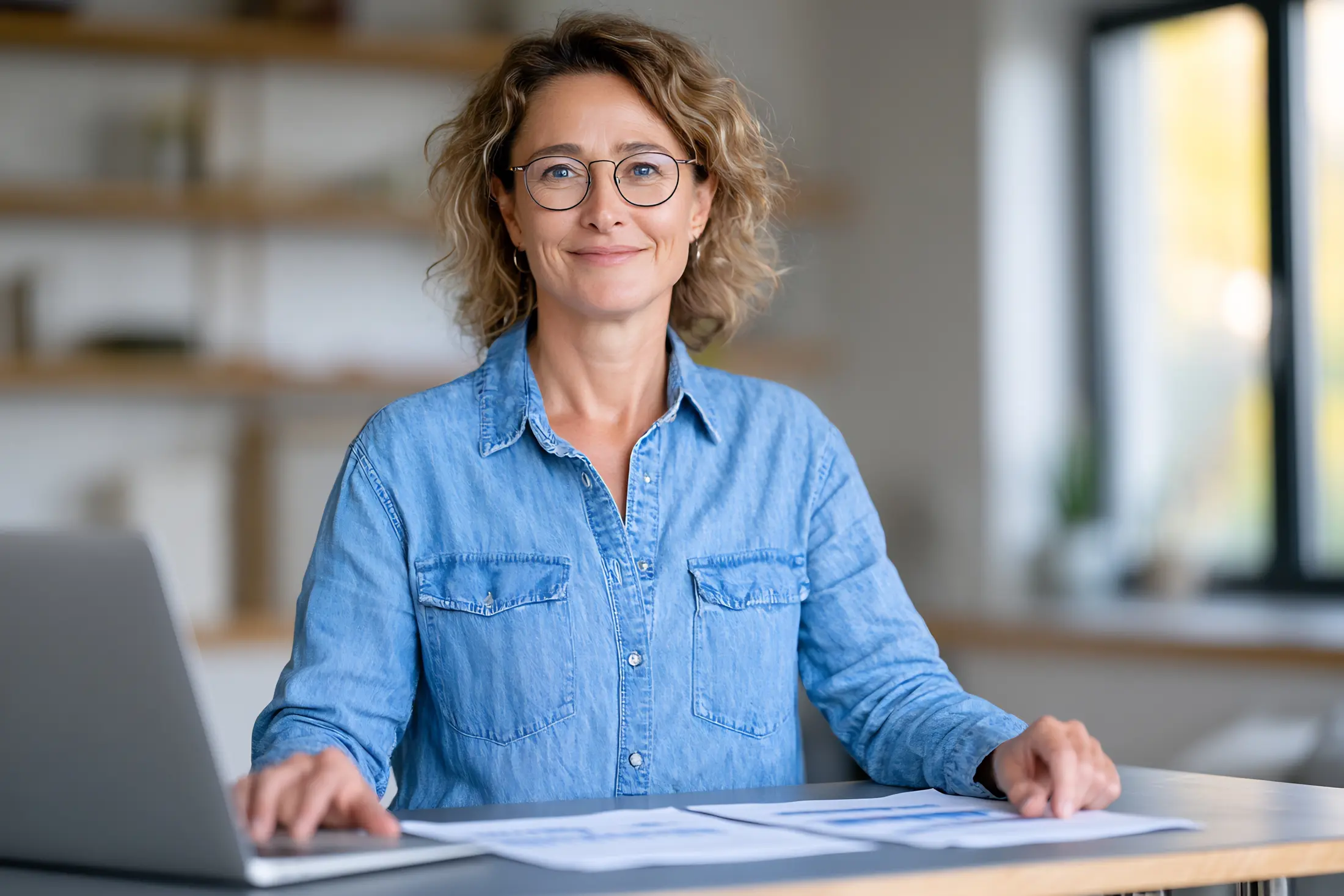 A business owner smiling at her desk
